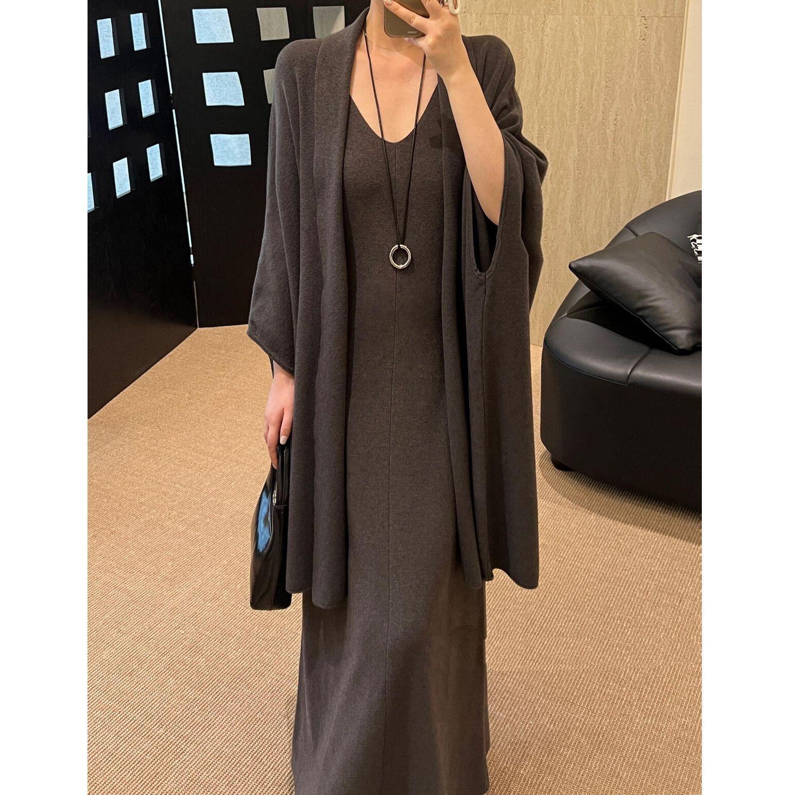 

Women s Batwing Sleeve Knitted Set: Autumn & Winter French-Style Shawl Cape Sweater Dress M (suggested 100-120 lbs)