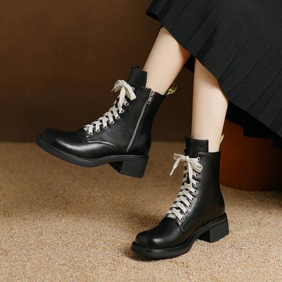 Autumn and Winter New Leather Martin Boots Women's Thick-soled Non-slip Large-size Women's Boots Side Zipper Korean Version Square and Medium Boots
