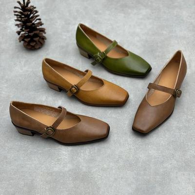 Echtes Leder Dicke Absätze Retro Damen Pumps Retro Eckige Zehenpartie Mary Jane Absatzschuhe