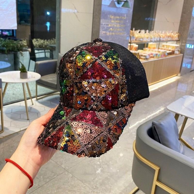 Hat Women's Color Sequins Cap Summer Breathable Mesh Baseball Cap Blue Shade Sunscreen Cap