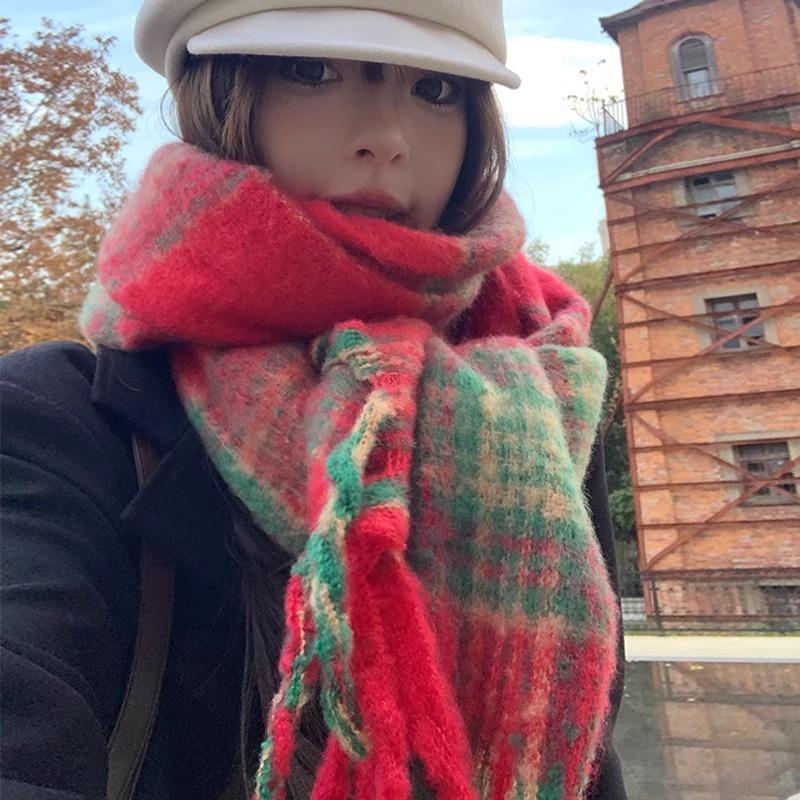 Atmospheric Blue Plaid Scarf for Women In Autumn and Winter Retro Mohair Warm and Thickened Long Tassel Shawl Scarf