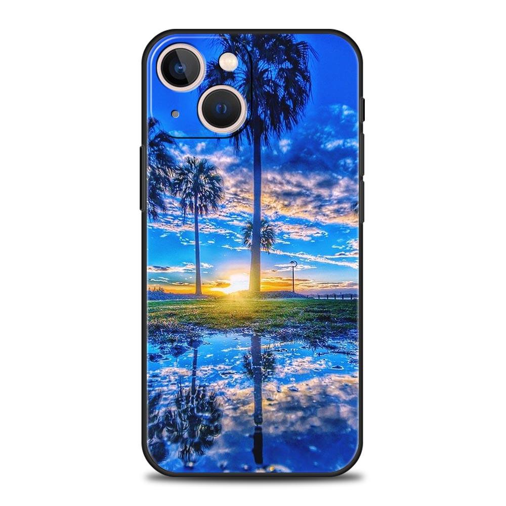 Summer Beach Scene At Sunset On Sea Palm Tree Phone Case For iPhone 16 13 15 14 12 11 Pro MAX XR X SE XS 7 8 Plus Soft TPU Cover
