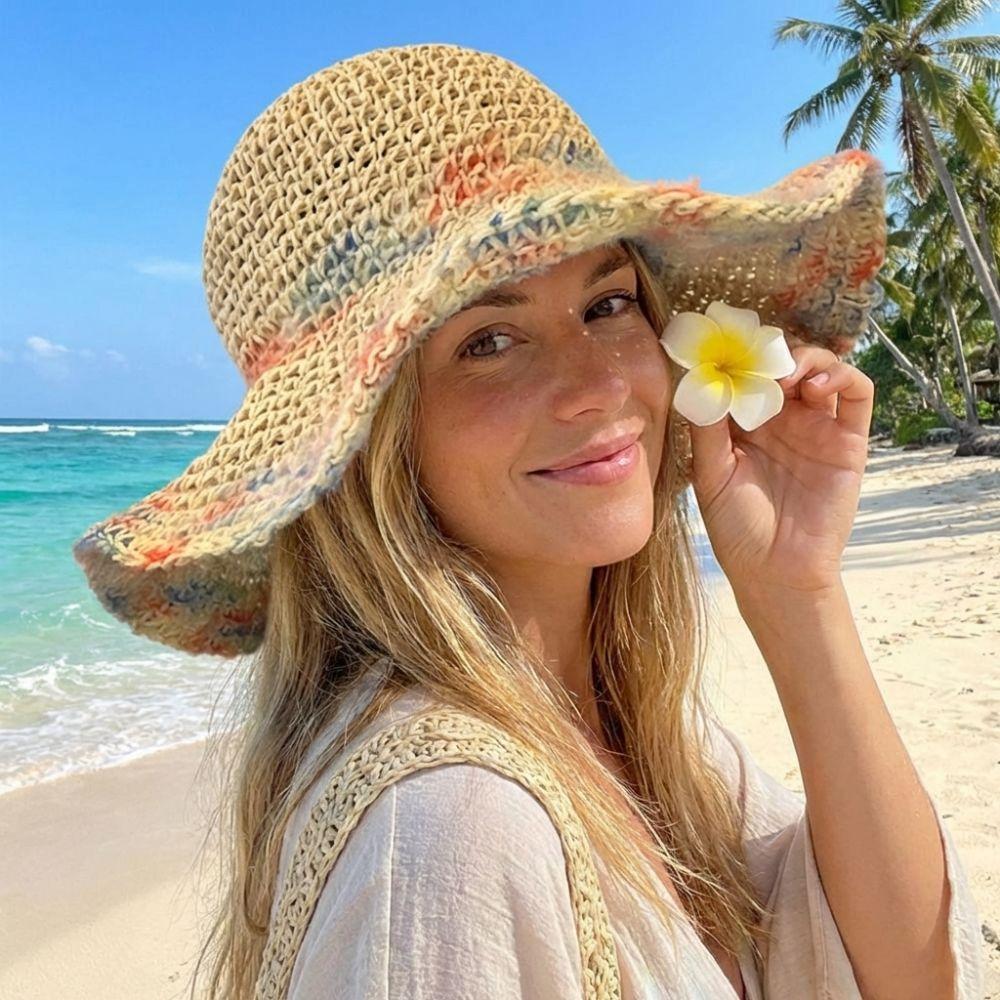 Foldable Weave Bucket Hat Boho UV Protection Cap Casual Beach Hat  Holiday