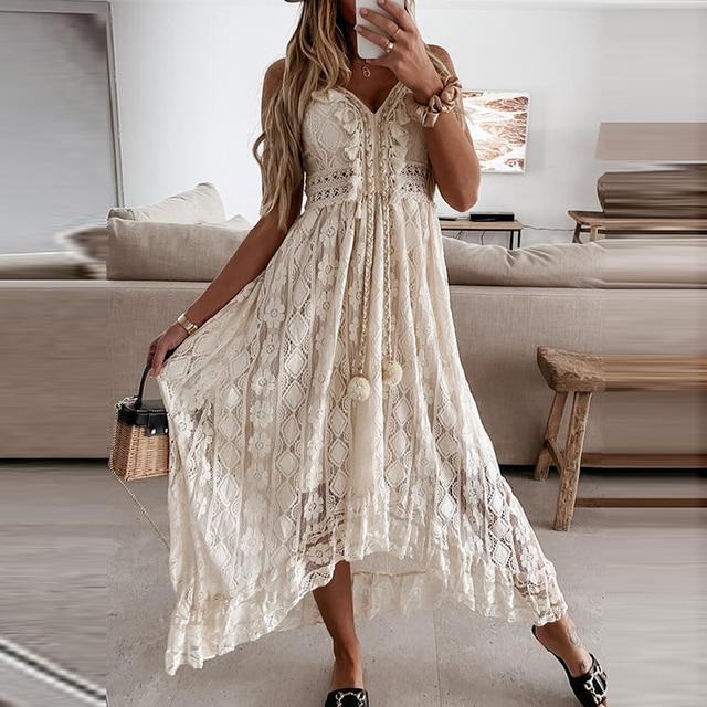 V-Ausschnitt Lace Up Cover Up für Frau Sexy Spitze Lose Einfarbig Strandkleid