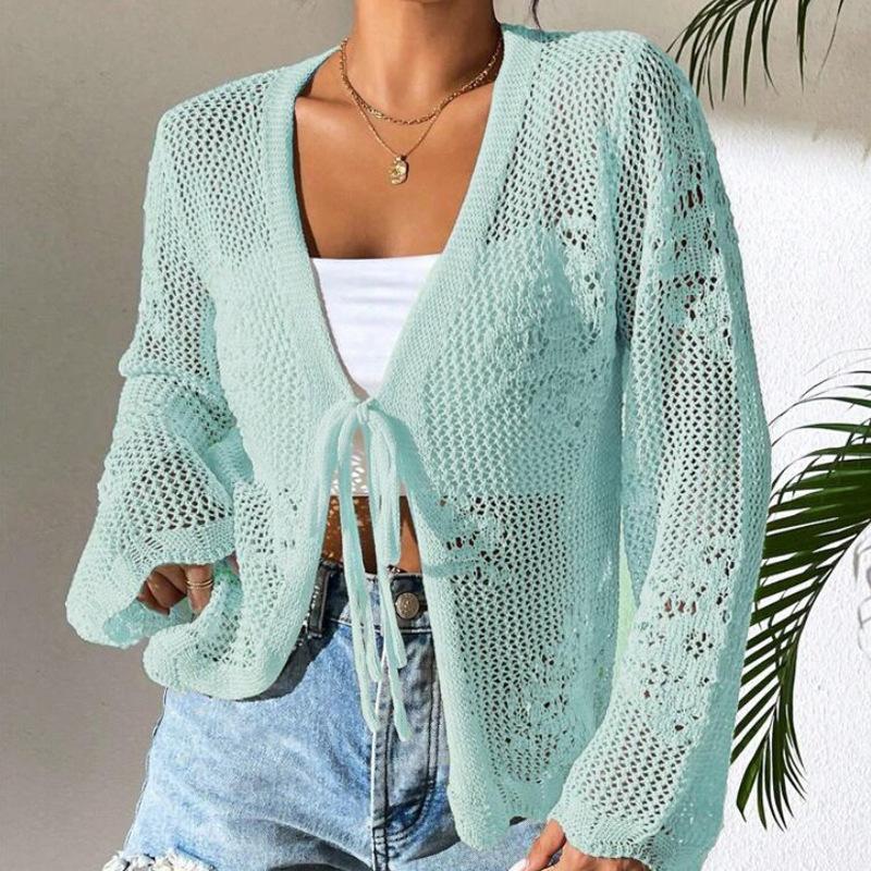 Cross-border Amazon Europe and America Hollow Summer Knitted Cardigan Women's Beach Knitted Sweater Long-sleeved Bow Knitted Cardigan
