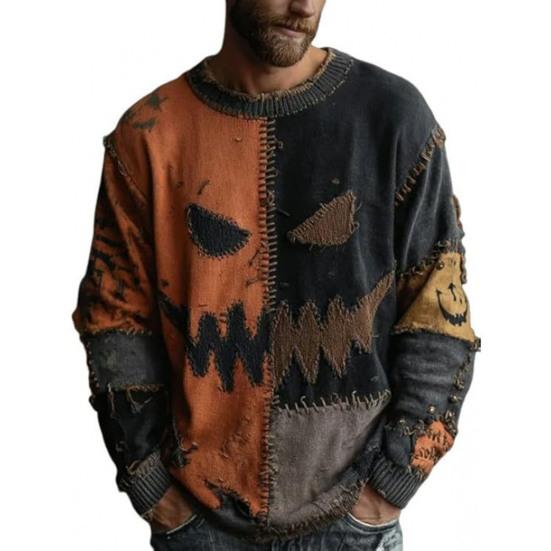 Halloween Skummel Ansikt Genser for Kvinner Patchwork Trykk Strikket Genser Topp Langermet Rund hals Sydd Høstantrekk