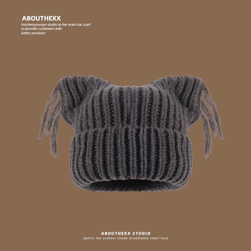 

Korean style Cat ear Tassel Hats Women s Autumn and Winter Woolen Hats Outdoor Warm Cold Hats Versatile and Cute Knitted Hats for Students M（56-58cm）