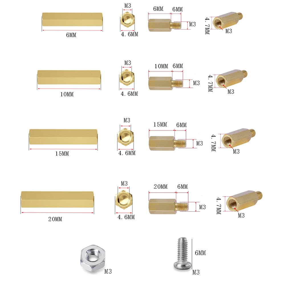 XINGHECHENGWEI Brass Hex Spacer Hex Pillar M3 Screws Nuts Bolts Machine Repair Hex Brass