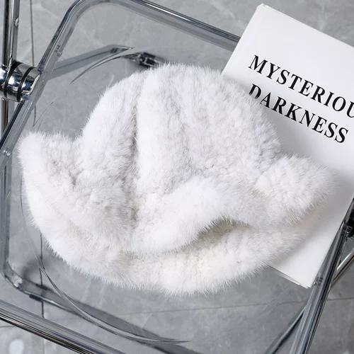 Mink Fur Hat Women's Winter Warm Fashion Mink Woven Bucket Hat Basin Hat Top Hat Show A Little Trend