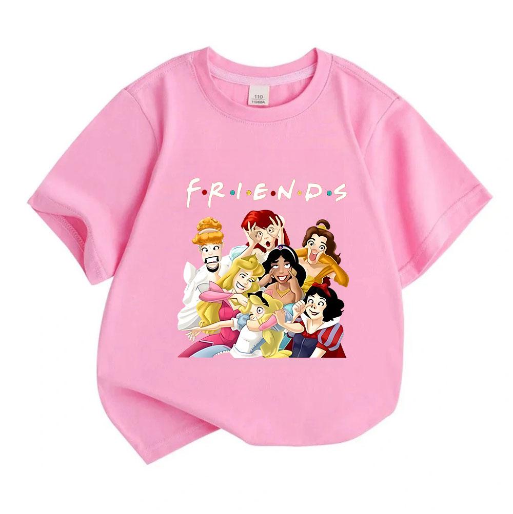Kids Boys Girls 100% Cotton Crew Neck Short Sleeve T-Shirt, Funny Cartoon Princess FRIENDS Group Print Casual Soft Breathable Summer Tee Tops for Chil