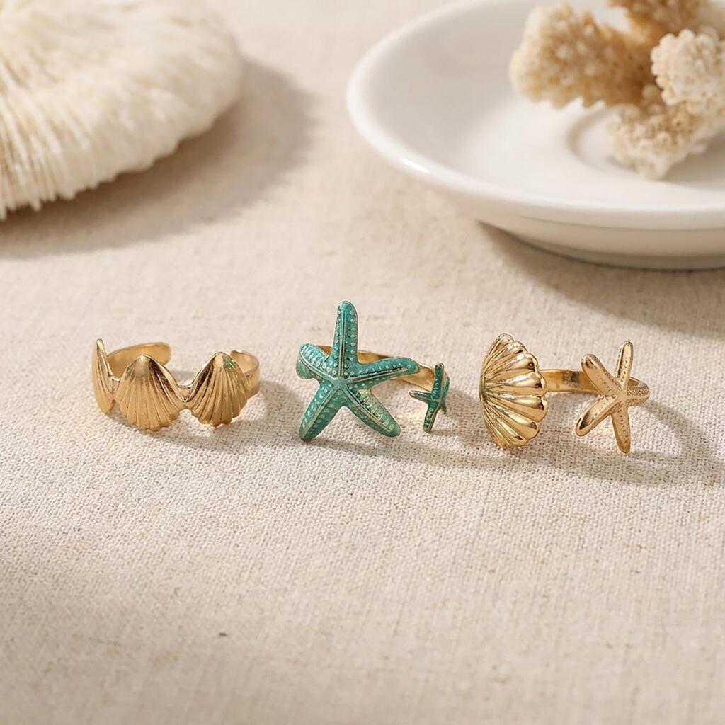 Bohemian Seashell & Starfish Beach Ring Set - 3 Pieces
