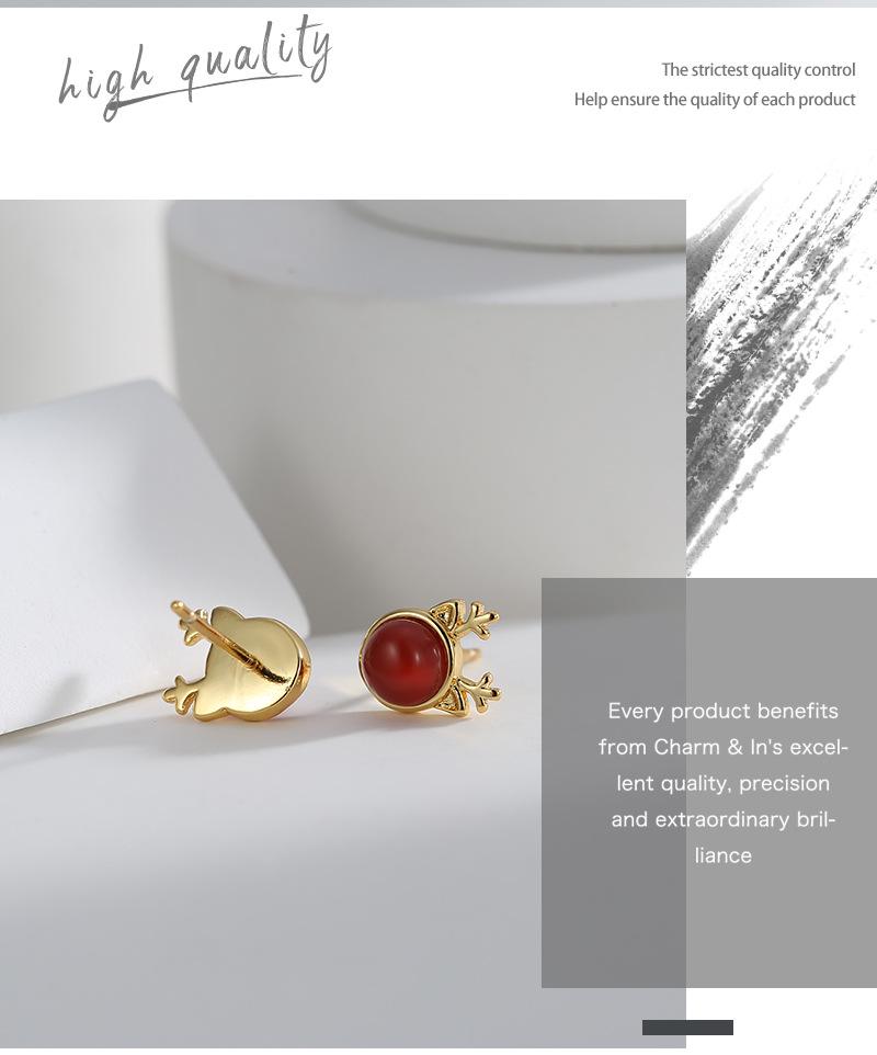 Red Agate Reindeer Stud Earrings - Elegant European & American Christmas Style for Women