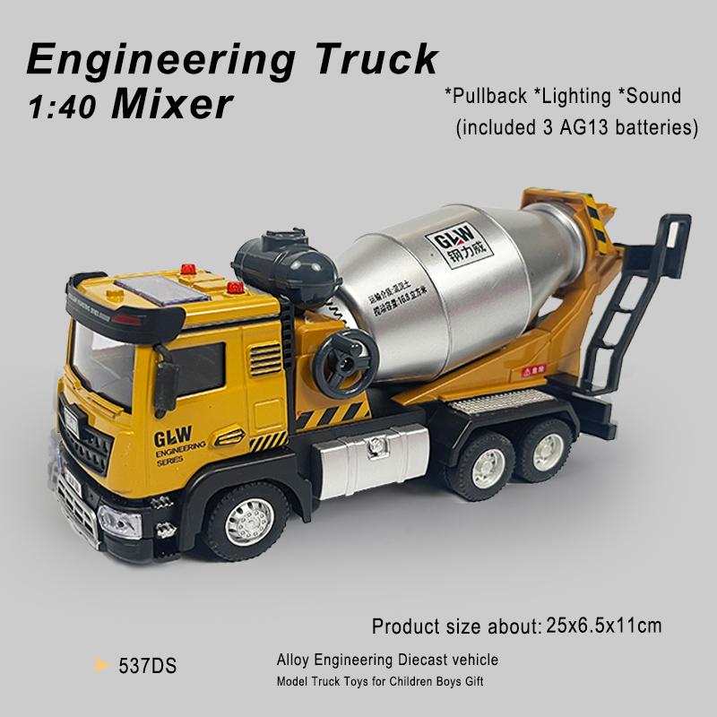 1:40 5 Styles Pullback Light And Sound Diecast Car Mixer Excavator Engineering Truck Construction Alloy Toys For Kids Boys Gifts