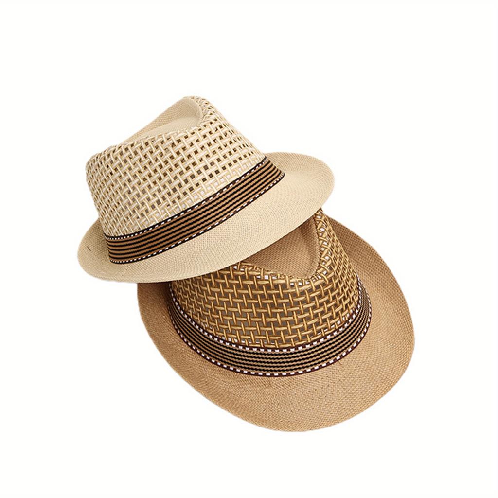 1pc Retro Unisex Straw Hat - Breathable Dual Tone Mesh Shoulder Strap, Dark Waistband, Summer Beach Vacation Sun Hat