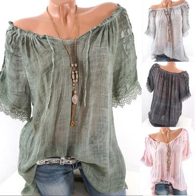 Chemisier en coton et lin pour femmes, manches courtes, col Slash, couleur unie, demi-transparent, chemises de grande taille, été