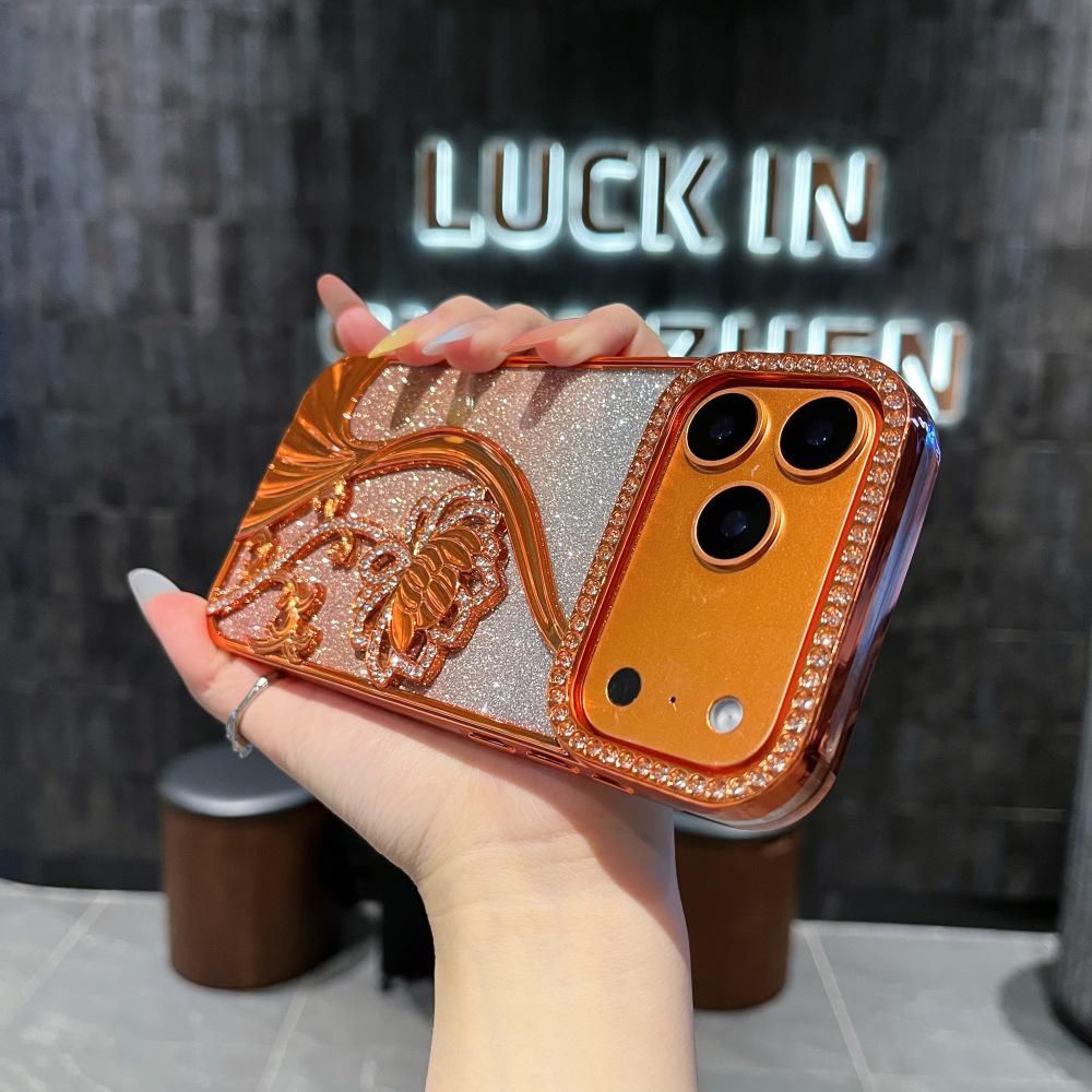 TPU Electroplated Rhinestone Floral Vine Glitter Gradient Apple Phone Case for iPhone 16 Pro Max/15/14
