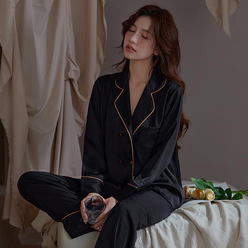 

Couple s Pajama Set Spring Summer Fall Ice Silk Satin Double-Breasted Wooden Button Long Sleeve Top and Pants Men s Loungewear XXL чорний