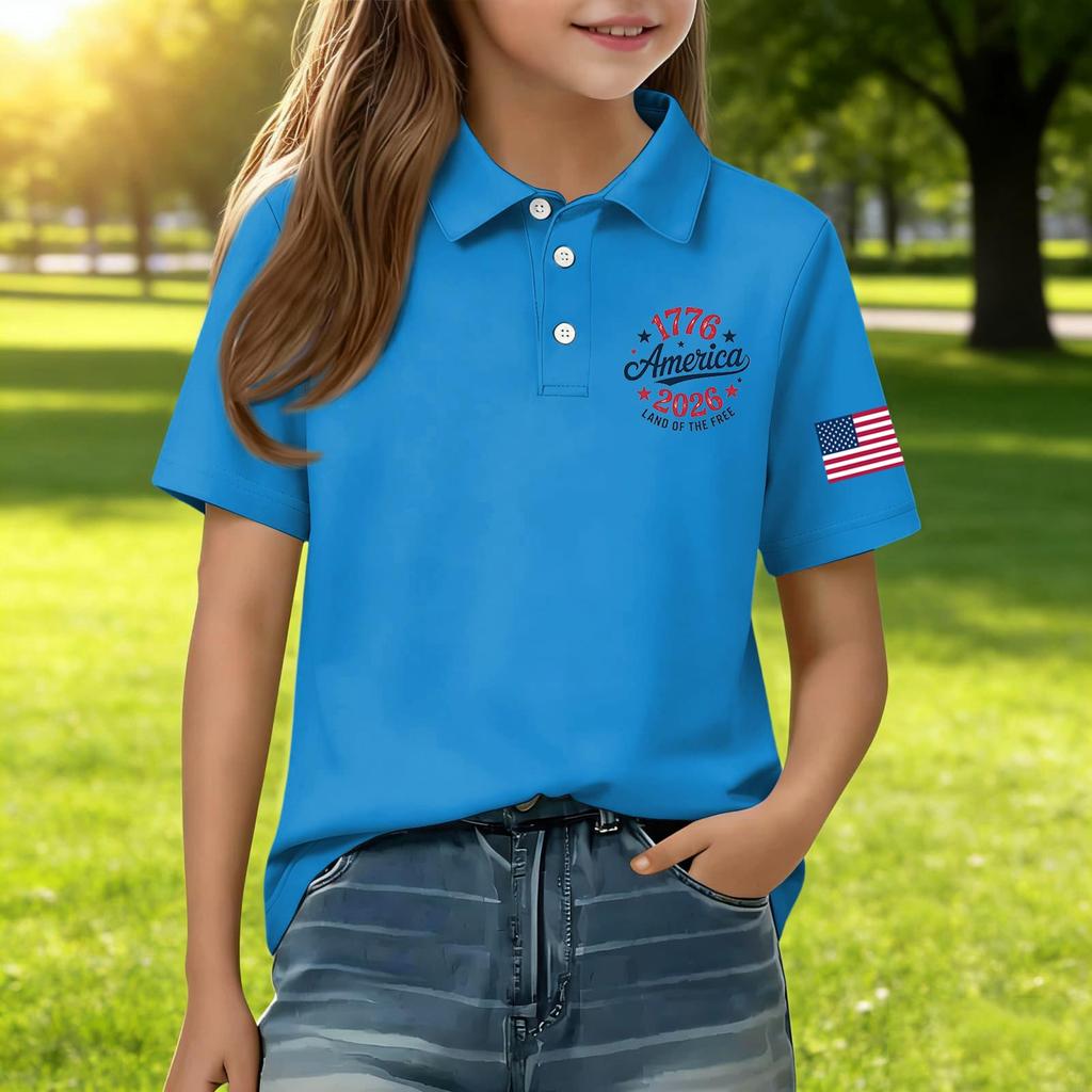 Kids Short Sleeve Polo Shirt Casual Everyday Wear Independence Day Print Tee Shirt with Button Collar and Embroidered Sleeve Patch for Boys