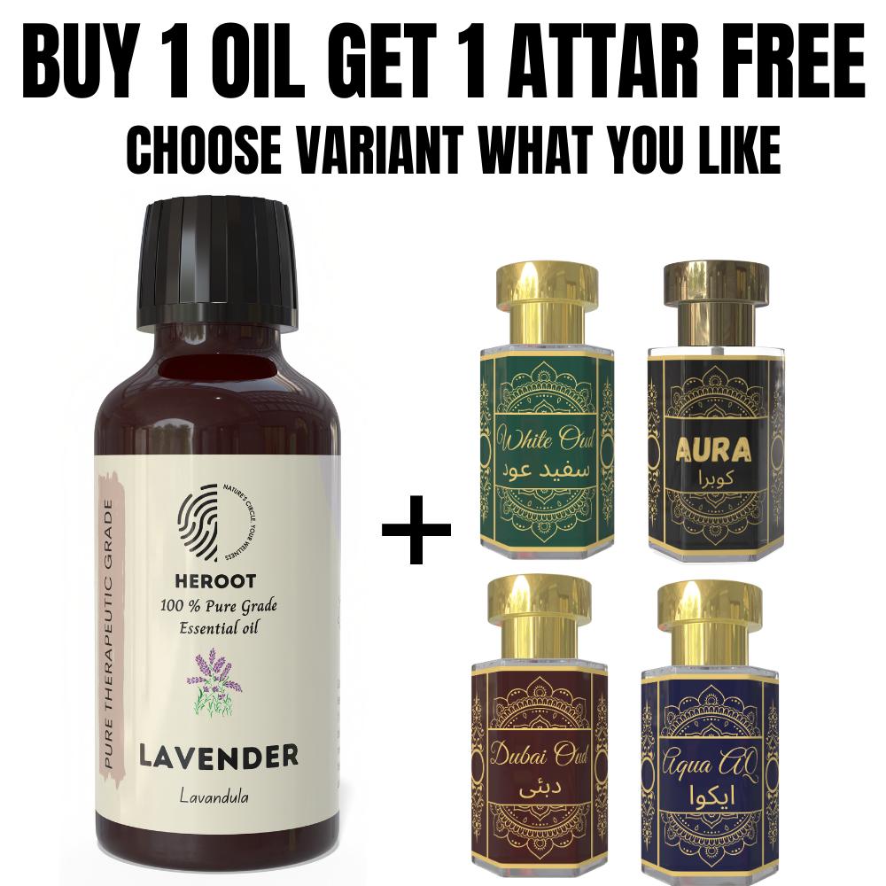 Lavender Essential Oil 10ml for Aromatherapy & Home Fragrance Get 1 Free 6 Ml Attar – Aqua AQ, Dubai Oud, Aura, White Oud
