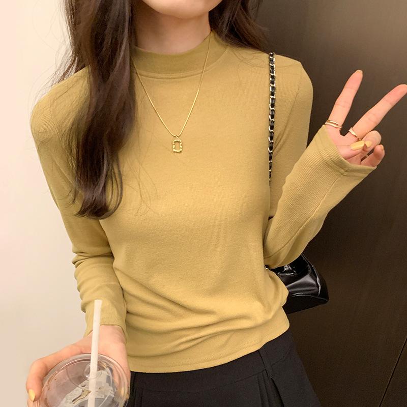 Small Stand Collar Cashmere Undercoat Women's Wear with Autumn and Winter White Long-sleeved T-shirt Slim Fit Plus Cashmere Frosted Solid Color Blouse