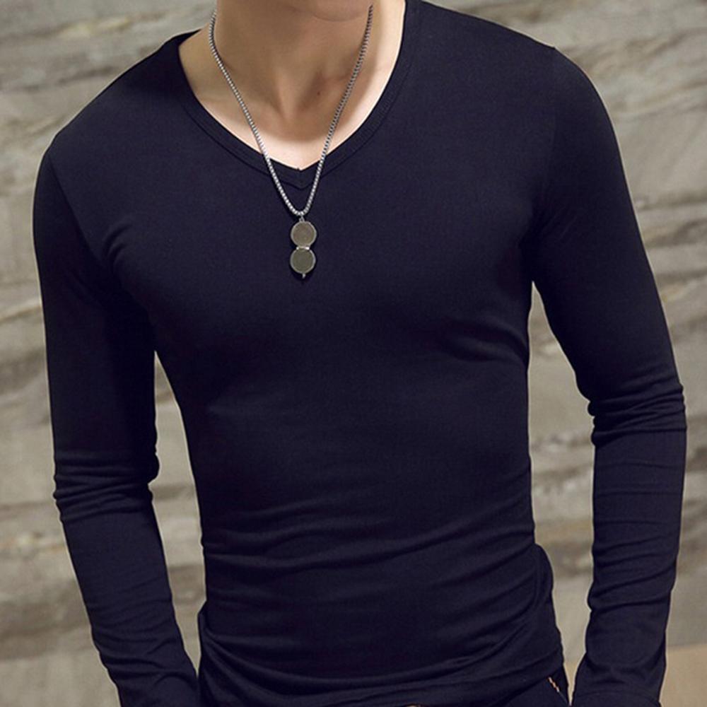 Men's Fashion Casual Slim Fit Long Sleeve T-Shirts Lightweight Solid Color O/V Neck Cotton T-Shirts Blouse