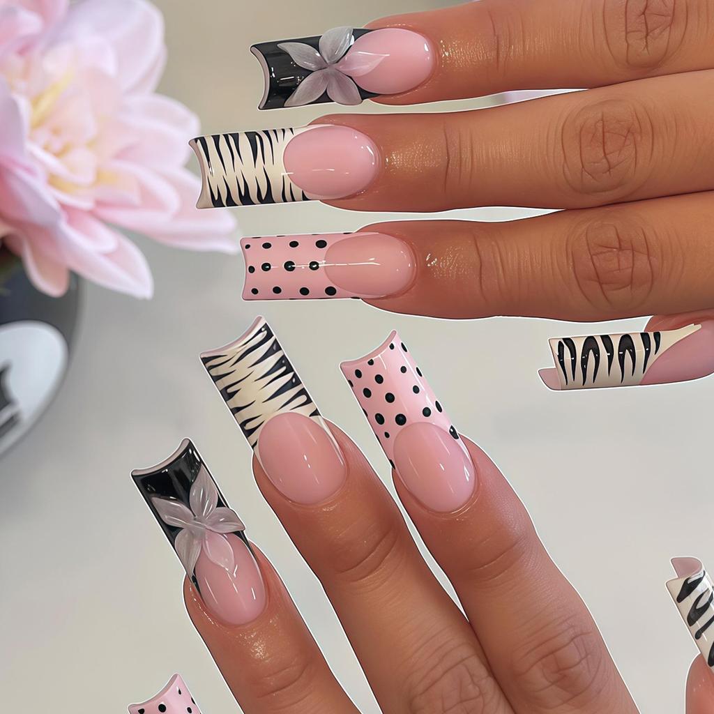 European & American Black and White Stripe Polka Dot False Nails