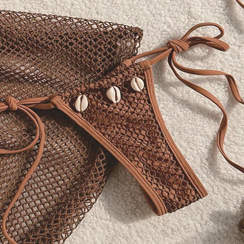 Sexy Brown Mesh Swimsuit Cover Ups Women Triangle String Micro Bikini Thong Halter Swimwear Bathing Suit 3 Piece Bikini Set 2025