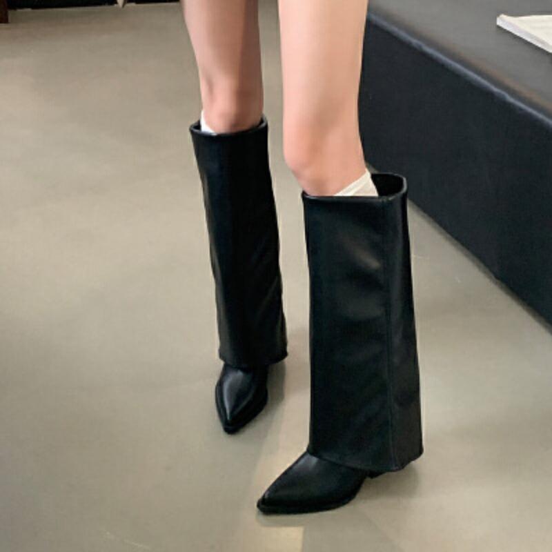 Pointed cowboy boots autumn new thin fashion versatile thick heel western boots but knee trouser tube boots