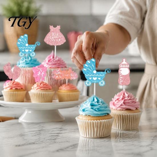 Gender Reveal Cupcake Toppers 12Pcs Boy Girl Birthday Cake Toppers, Baby Themed Picks with Small Dessert Table Accents Bottle, Stroller, Bow,