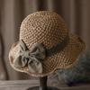 Straw Hat Hand-Knitted Natural Straw Wide Brim UV Protection Foldable Hat Bow Decor Portable Beach Sun Hat