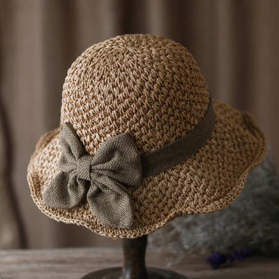 Straw Hat Hand-Knitted Natural Straw Wide Brim UV Protection Foldable Hat Bow Decor Portable Beach Sun Hat