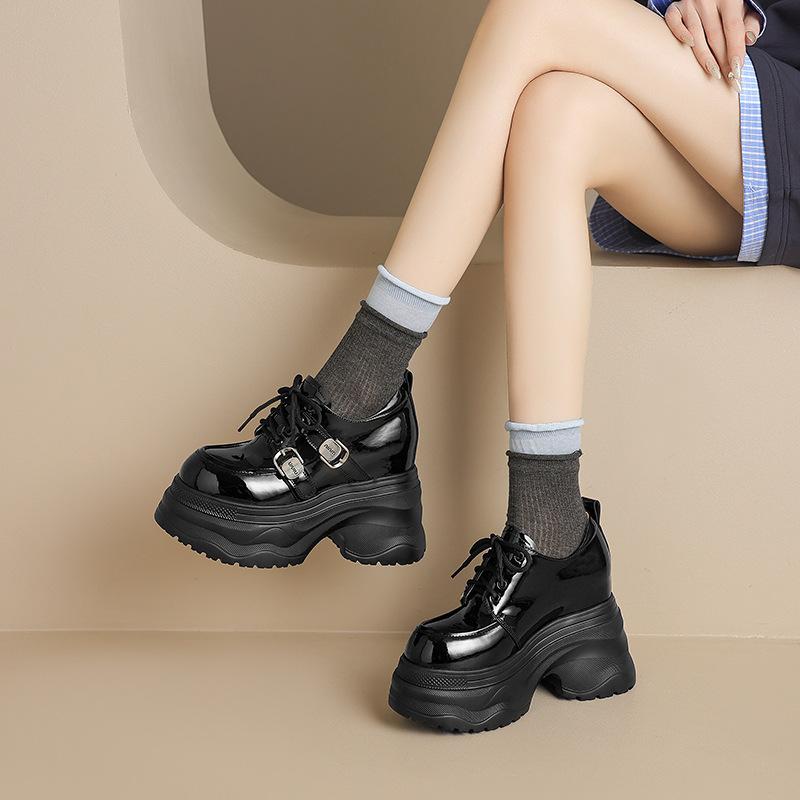 12Cm round head muffin thick-soled leather single shoes women's 2025 new small super high heel lace-up inner height-increasing leather shoes