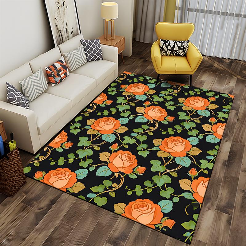 Floral Carpet with Orange Roses and Green Leaves On Black Background Suitable for Use As an Anti-slip for Living Room Bedroom Sofas