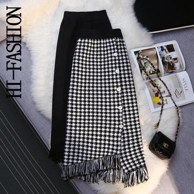 Women High Waist Elegant Casual Street Office Ladies Autumn and Spring Vintage Retro Houndstooth Knit Skirt