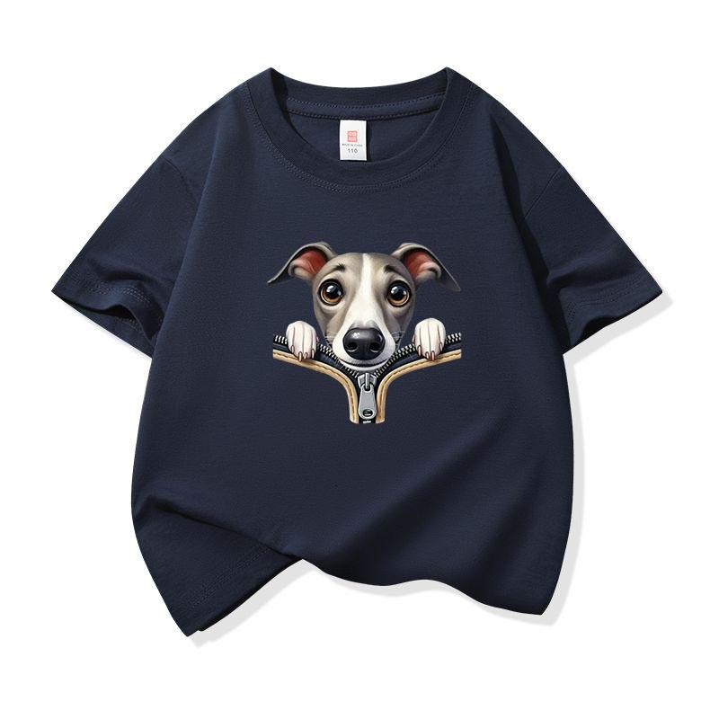 Kids Cotton T Shirt Adorable Whippet Dog Zipper Print Crew Neck Short Sleeve Tee Casual Breathable Boys Girls Summer Tops
