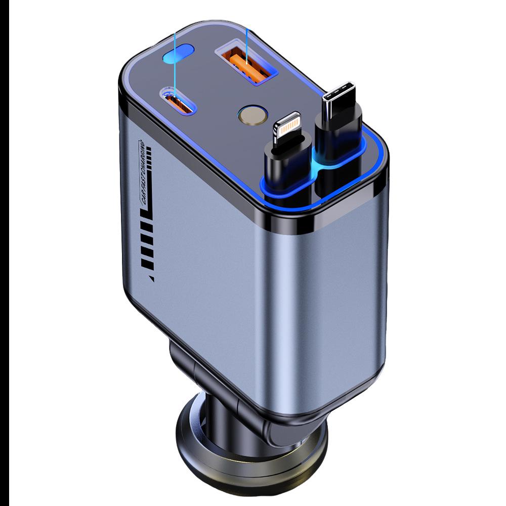 120W Aluminum Alloy Car Charger with Retractable Cable, Super Fast Charging, Four-in-One for Apple Devices