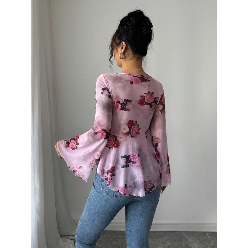 DAFIFY Women's Fashion Casual Spring Autumn Flower Pattern Print Long Sleeve V-Neck Blouses & Shirts