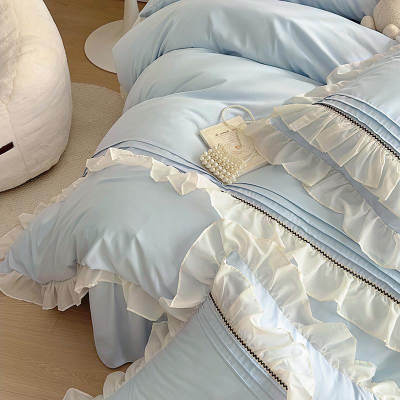 INS Girls Blue Bedding Sets Solid Color Ruffles Lace Kawaii Soft Bed Skirt Sheet Woman Duvet Cover Pillow Covers Quilt Cover