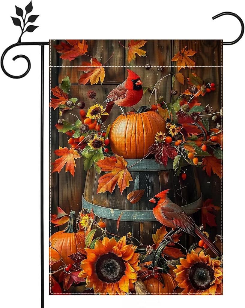 Cardinal Red Bird Garden ag 12x18 Inch Double Sided Pumpkin Sunower Fall Farmhouse Holiday Outdoor Yard ag Decorations