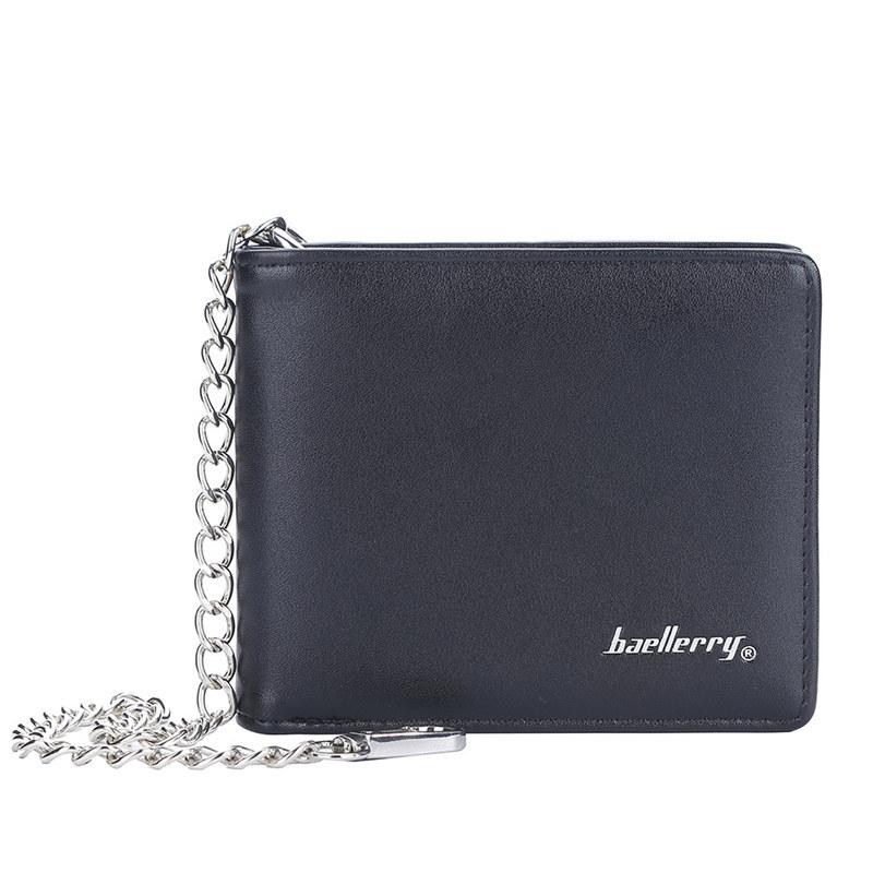 

Мужские короткие кошельки с цепочкой и защитой от кражи, винтажный дизайн, двойной складной кошелек из искусственной кожи, модный кошелек с держателем для карт 12*9.5*2cm чёрный