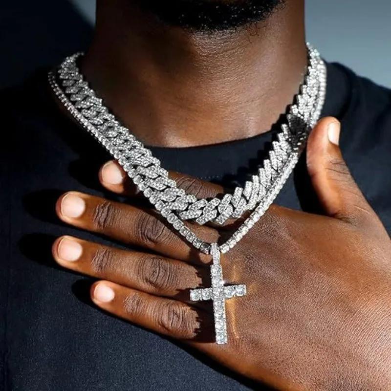 2Pcs Hip Hop Cross Tennis Chain 14MM Prong Cuban Necklace for Men Women Iced Out 2 Row Cuban Link Chain Necklaces Couple Zircon