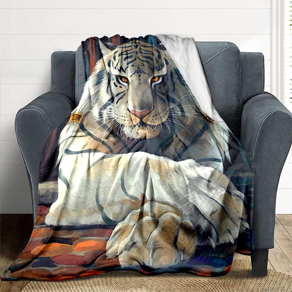 

1pc White Tiger Print Blanket Lightweight Blanket Throw Blanket For Sofa, Bed, Travel, Camping, Livingroom, Office, Couch, Chair yy251010047 100x150cm