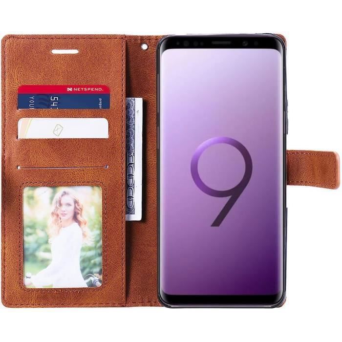 Coque pour Samsung Galaxy S9 - BOOLING - Effet Cuir Marron - Semi-rigide - Livré avec 2 Verres Trempés