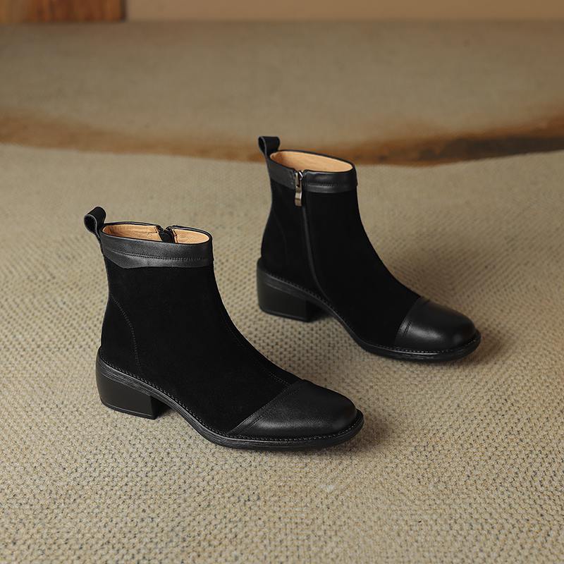 Krazing Pot Cow Skin Cow Suede Winter Square Toe Thick Heels Chelsea Fashion Boots Women Zipper Patch Work Women Ankle Boots