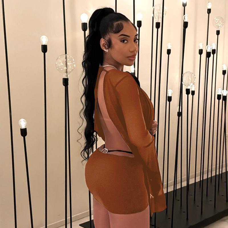 

Women s Summer Sexy Sheer Mesh Mini Dress Cowl Neck Long Sleeve Backless Bodycon Flowy Vacation Party Dress L коричневий