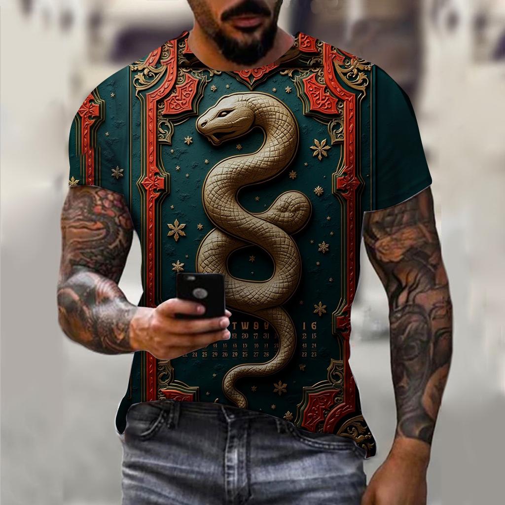T-shirt décontracté à manches courtes pour homme imprimé 3D Année du Serpent du Nouvel An 2025 Confortable Respirant Imprimé Rétro
