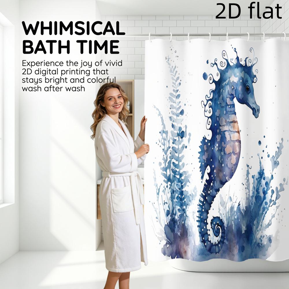 Deluxe Watercolor Seahorse Shower Curtain Waterproof Bath Shower Liner Blue Tropical Ocean Art Decorative Home Bathroom Decor
