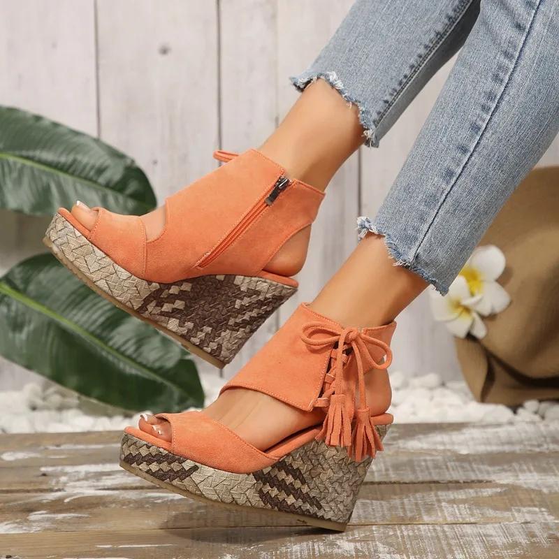 Fashion 2025 Summer Suede Leather Women's Thicken High Heels Hollow Out Sandals Sexy Elegant Platform Wedges Open Toe Ladies Shoes