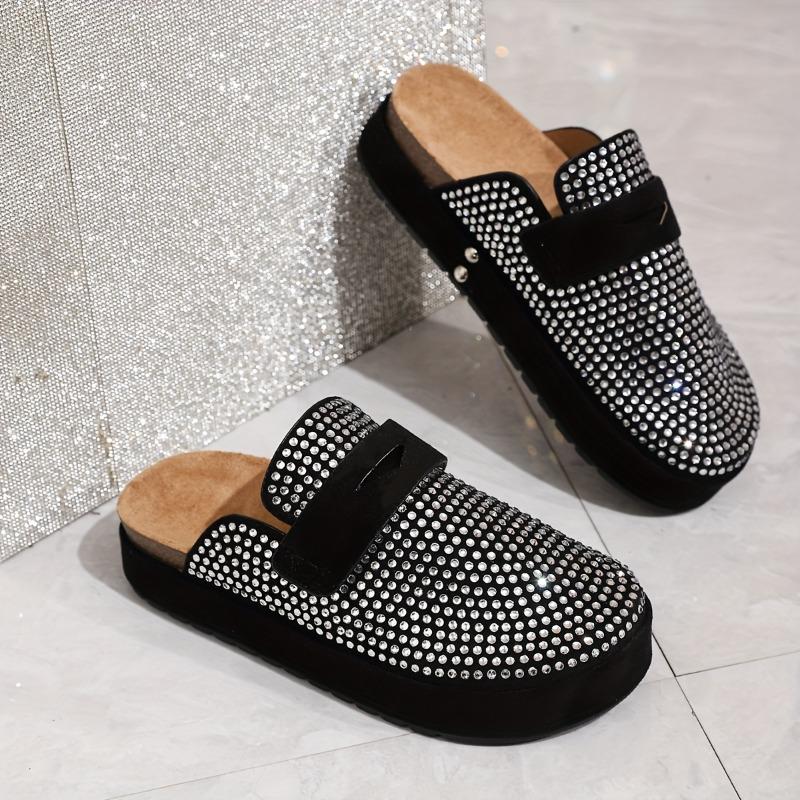 Women's Rhinestone-Embellished Slip-On Mule Sandals - 4cm Thick Cushioned Beach Slippers with Sparkling Rhinestone Strap, Round Toe & Soft Rubber Sole