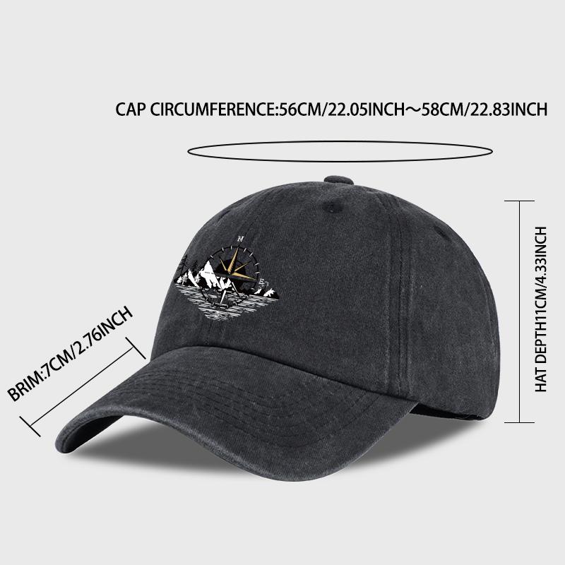 Compass Mountain Print Washed Baseball Cap Adjustable Unisex Vintage Outdoor Hiking Sun Hat